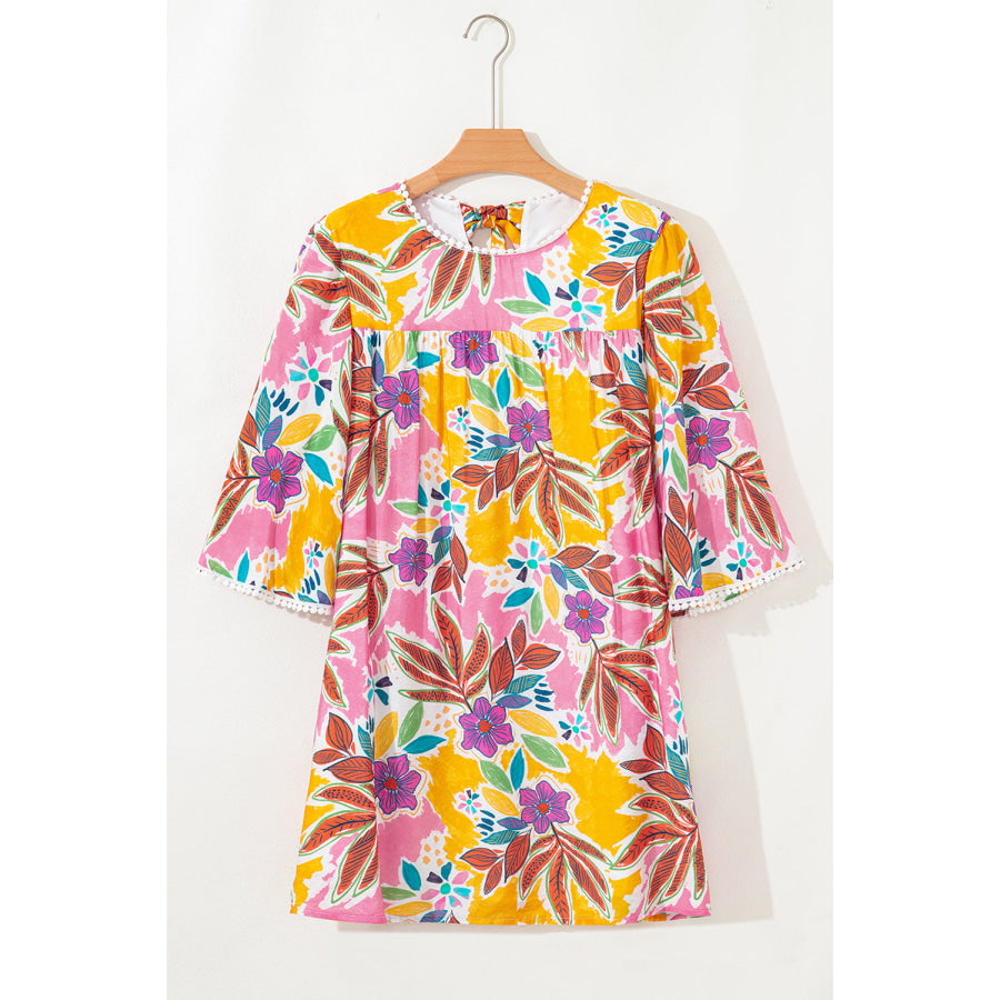 Pink Floral Print Lace Trimmed Tie Back Bell Sleeve Swing Mini Dress Dresses/Mini Dresses