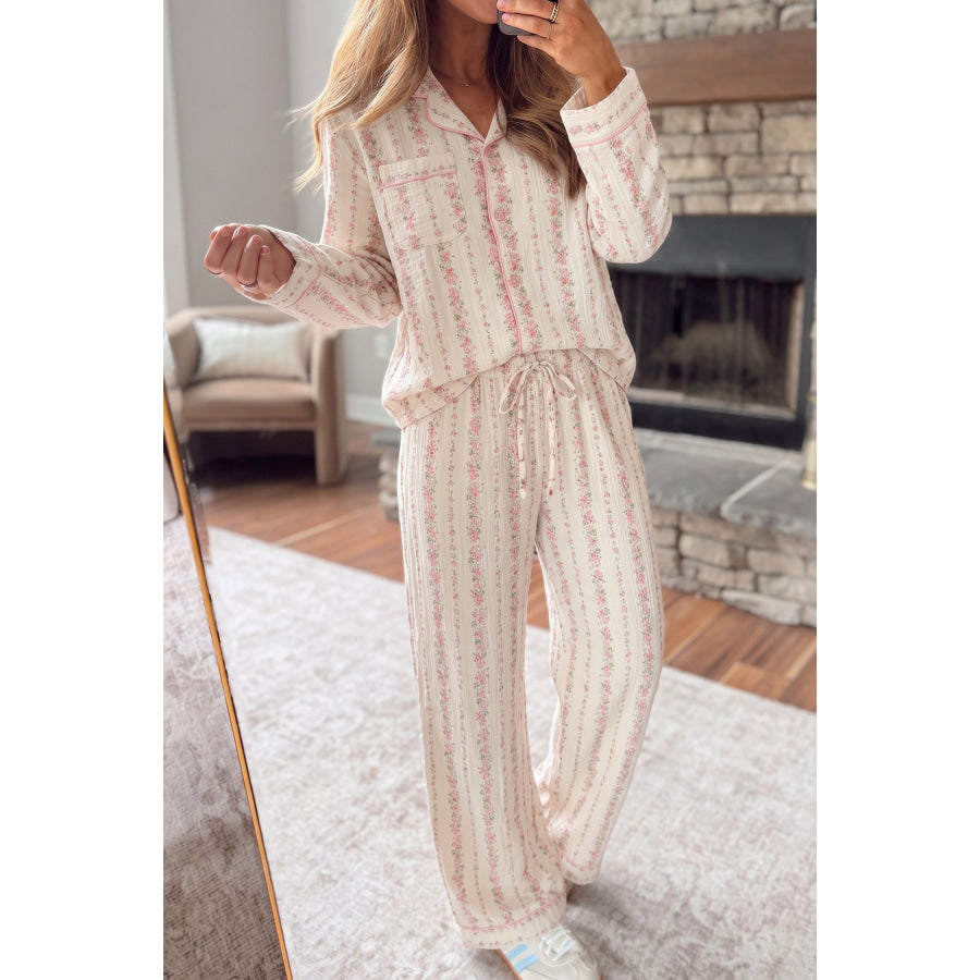 Pink Floral Print Long Sleeve Button Front Shirt Pajama Pant Set Loungewear & Sleepwear/Loungewear