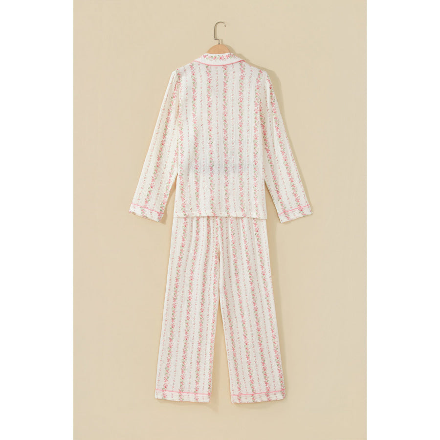 Pink Floral Print Long Sleeve Button Front Shirt Pajama Pant Set Loungewear & Sleepwear/Loungewear