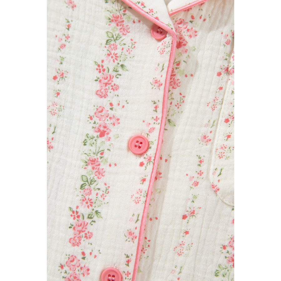 Pink Floral Print Long Sleeve Button Front Shirt Pajama Pant Set Loungewear & Sleepwear/Loungewear
