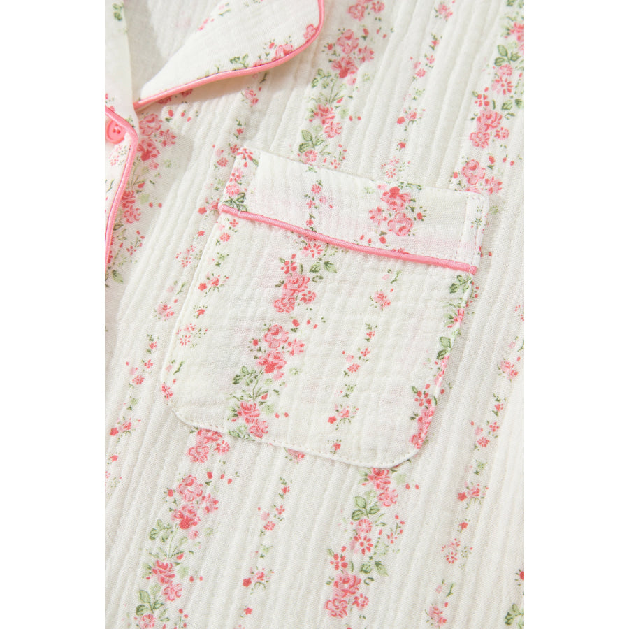 Pink Floral Print Long Sleeve Button Front Shirt Pajama Pant Set Loungewear & Sleepwear/Loungewear