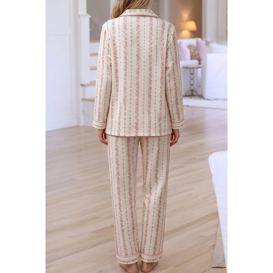 Pink Floral Print Long Sleeve Button Front Shirt Pajama Pant Set Loungewear & Sleepwear/Loungewear