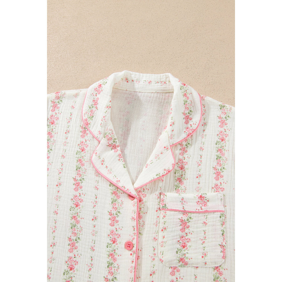 Pink Floral Print Long Sleeve Button Front Shirt Pajama Pant Set Loungewear & Sleepwear/Loungewear