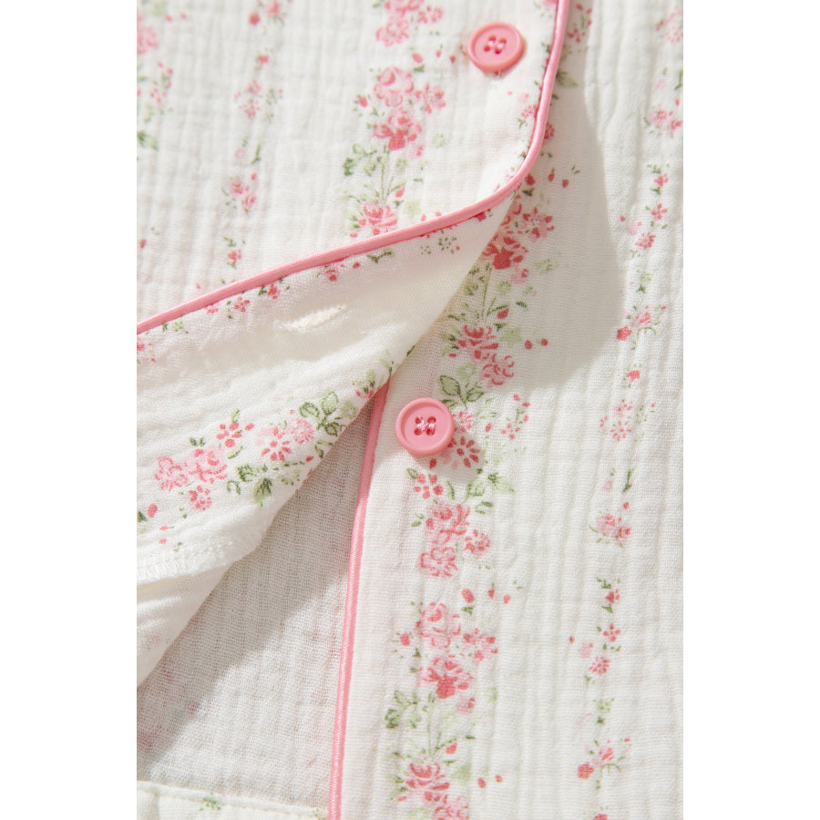 Pink Floral Print Long Sleeve Button Front Shirt Pajama Pant Set Loungewear & Sleepwear/Loungewear
