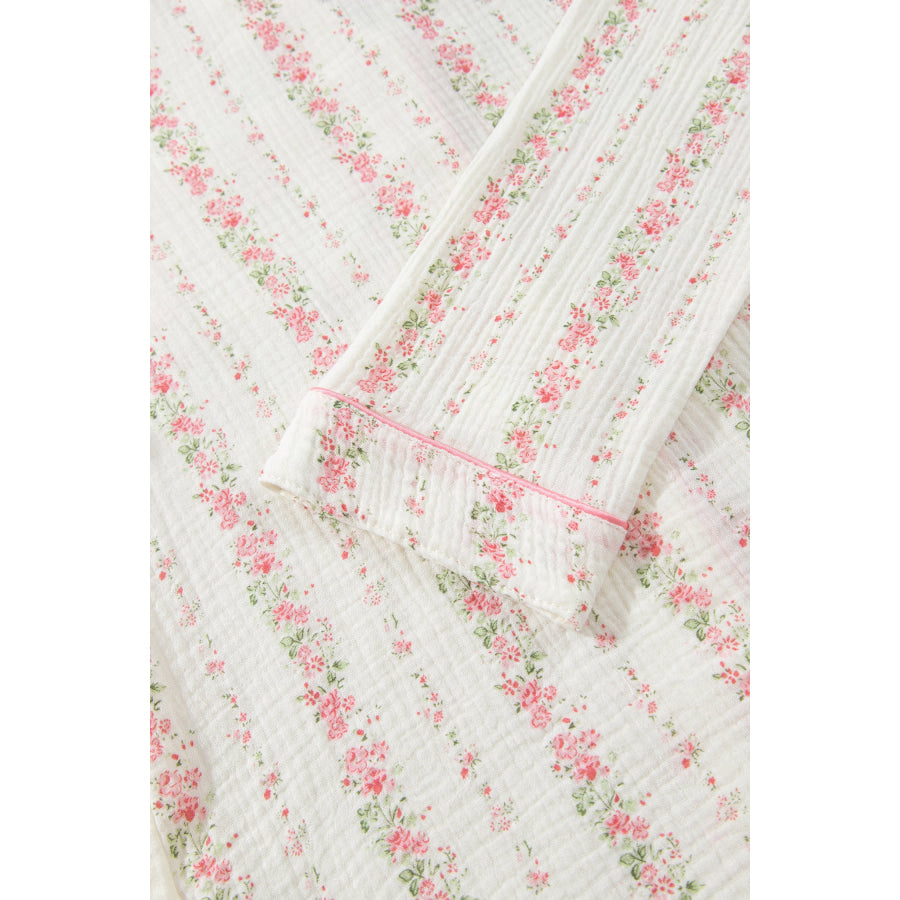 Pink Floral Print Long Sleeve Button Front Shirt Pajama Pant Set Loungewear & Sleepwear/Loungewear