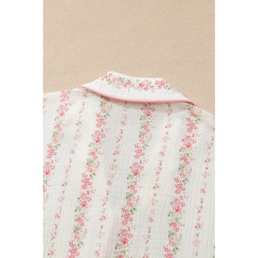 Pink Floral Print Long Sleeve Button Front Shirt Pajama Pant Set Loungewear & Sleepwear/Loungewear
