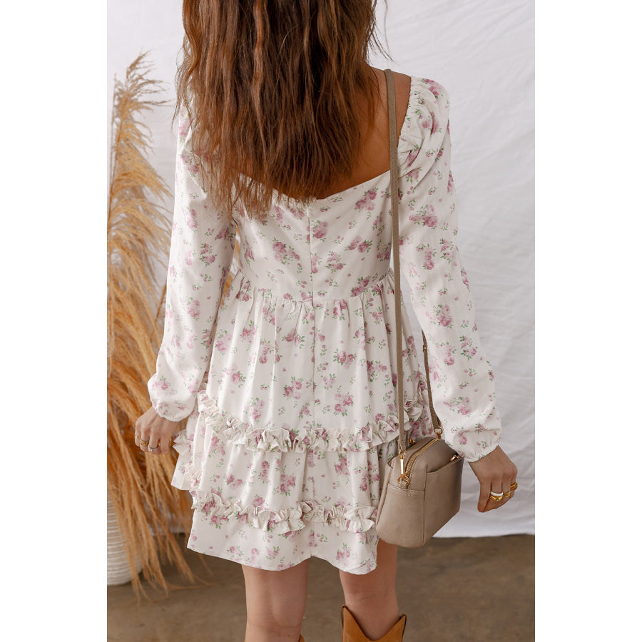 Pink Floral Print Long Sleeve Ruffle Detail Flared Mini Dress Dresses/Floral Dresses
