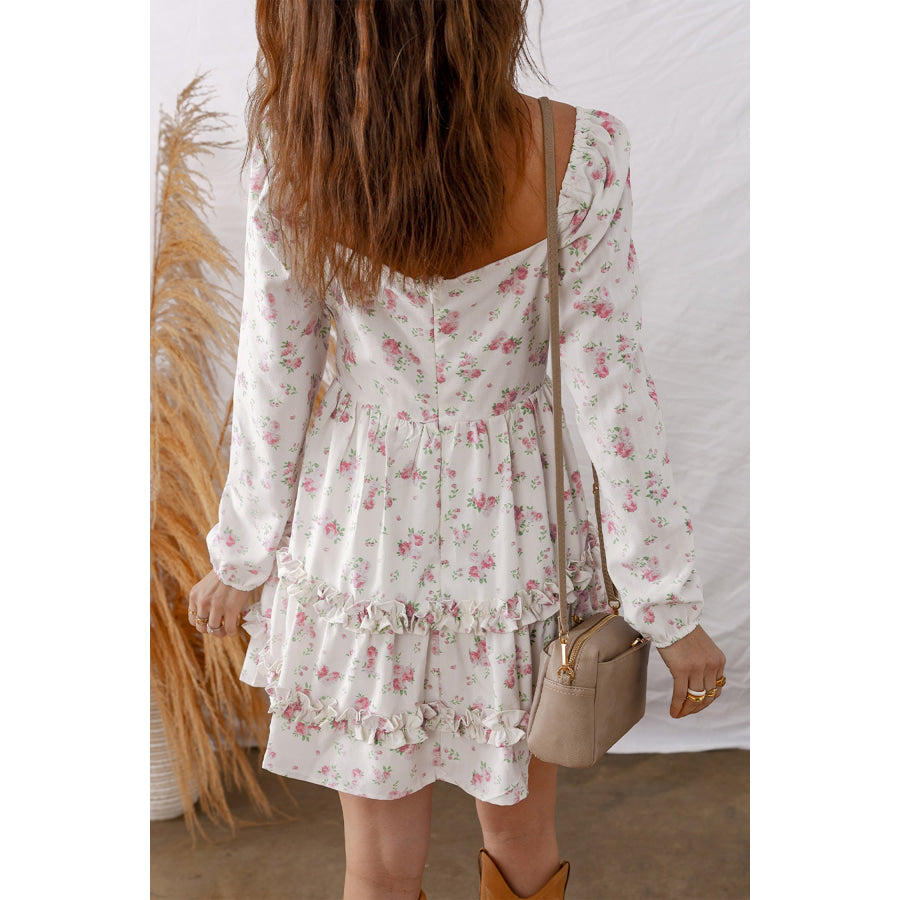 Pink Floral Print Long Sleeve Ruffle Detail Flared Mini Dress Dresses/Floral Dresses