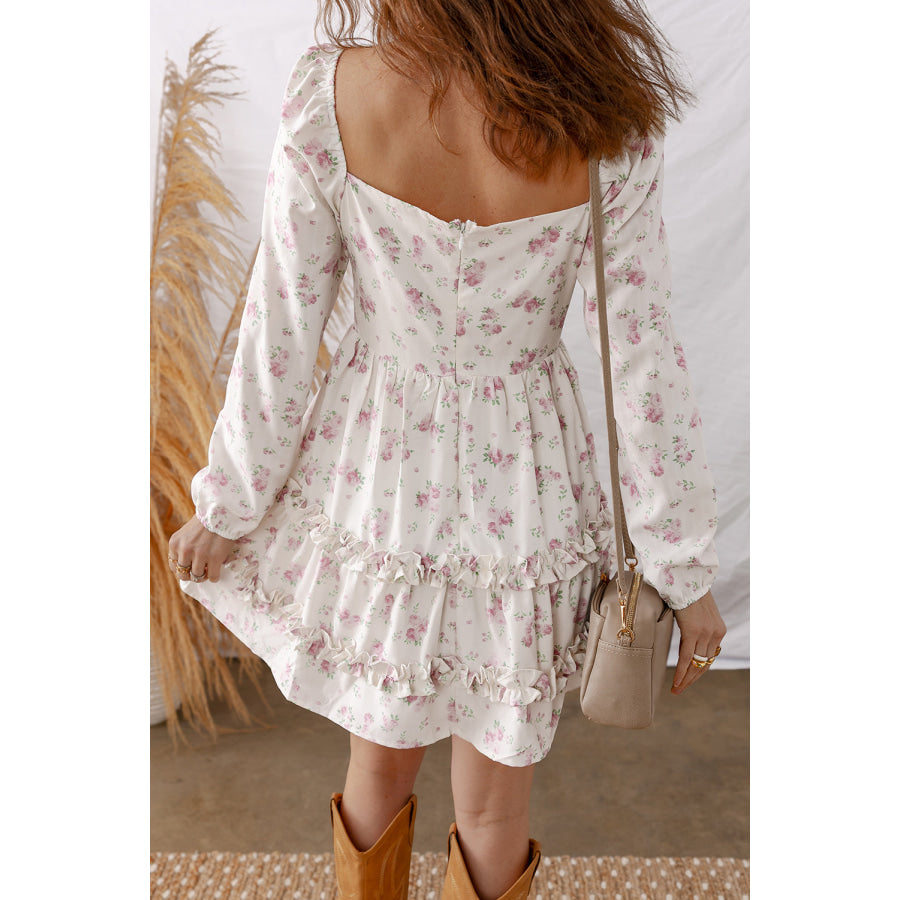 Pink Floral Print Long Sleeve Ruffle Detail Flared Mini Dress Dresses/Floral Dresses