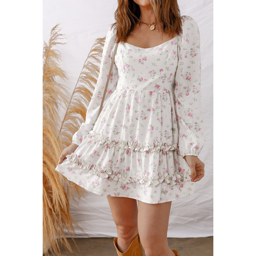 Pink Floral Print Long Sleeve Ruffle Detail Flared Mini Dress Dresses/Floral Dresses