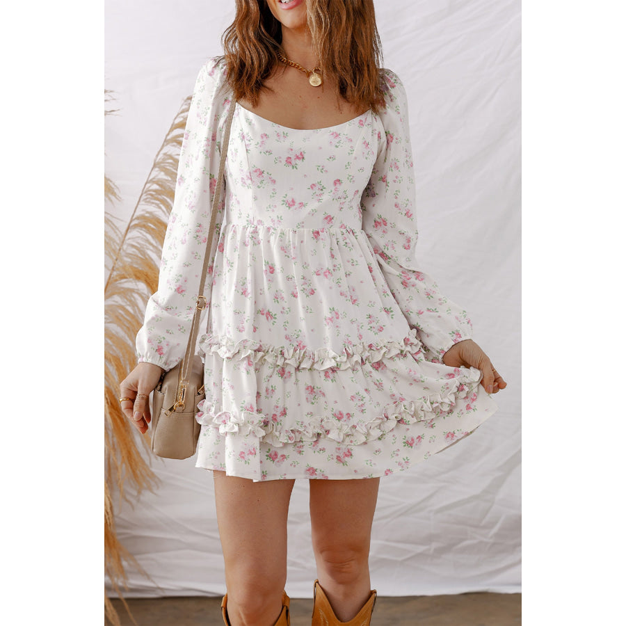 Pink Floral Print Long Sleeve Ruffle Detail Flared Mini Dress Dresses/Floral Dresses