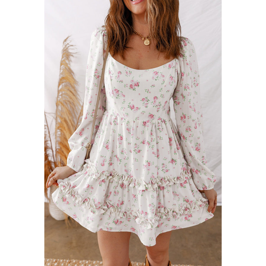 Pink Floral Print Long Sleeve Ruffle Detail Flared Mini Dress Pink / S / 97% Polyester + 3% Elastane Dresses/Floral Dresses