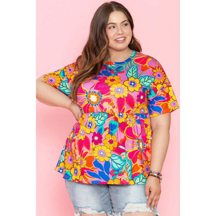 Pink Floral Print Short Sleeve Plus Size Babydoll Blouse Pink / 1X / 95% Polyester + 5% Elastane Plus Size/Plus Size Tops/Plus Size Blouses