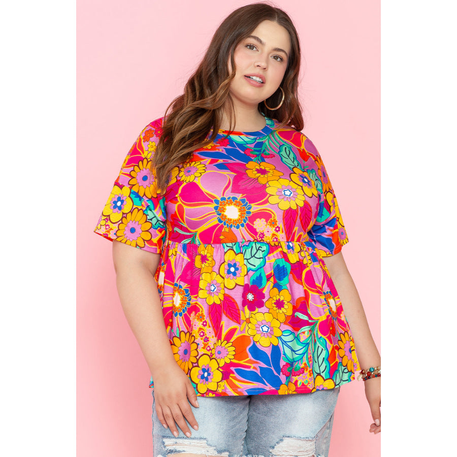 Pink Floral Print Short Sleeve Plus Size Babydoll Blouse Plus Size/Plus Size Tops/Plus Size Blouses &amp; Shirts