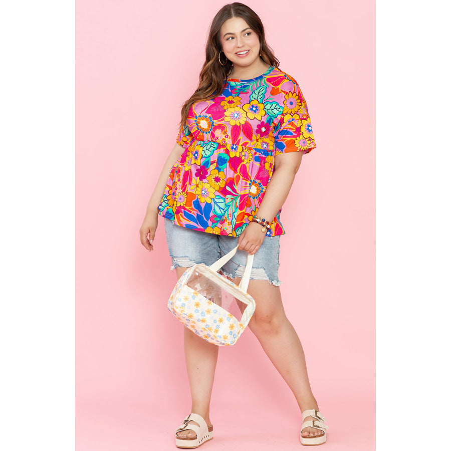 Pink Floral Print Short Sleeve Plus Size Babydoll Blouse Plus Size/Plus Size Tops/Plus Size Blouses &amp; Shirts