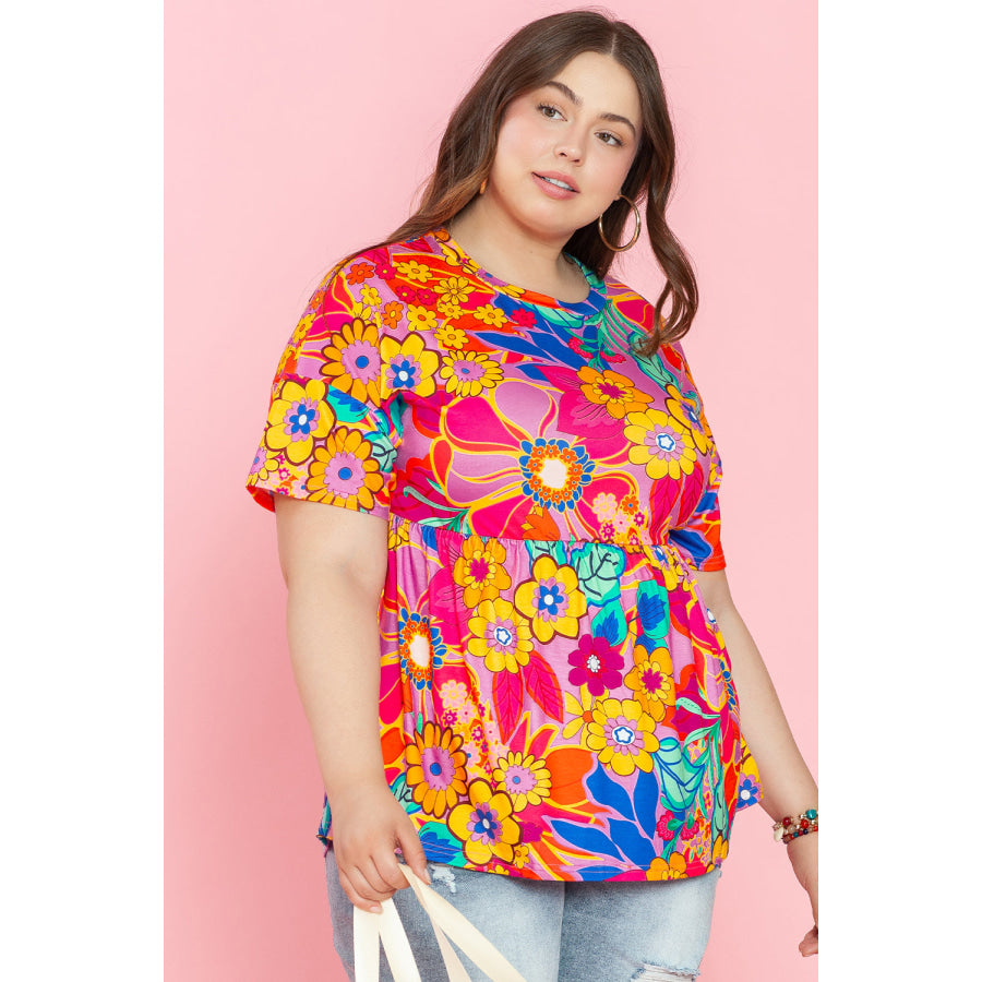 Pink Floral Print Short Sleeve Plus Size Babydoll Blouse Plus Size/Plus Size Tops/Plus Size Blouses &amp; Shirts