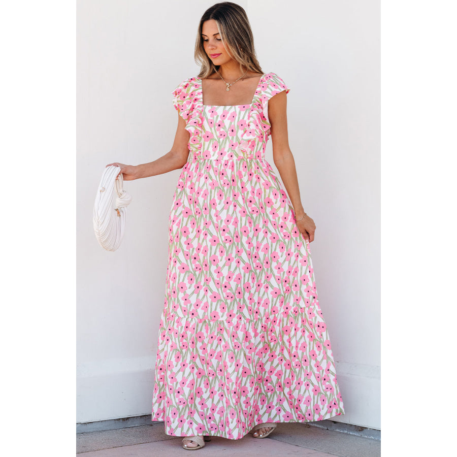 Pink Floral Print Square Neck Ruffled Strap Maxi Dress Dresses/Floral Dresses