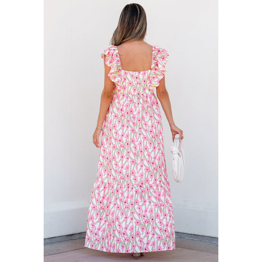Pink Floral Print Square Neck Ruffled Strap Maxi Dress Pink / S / 100% Polyester Dresses/Floral Dresses