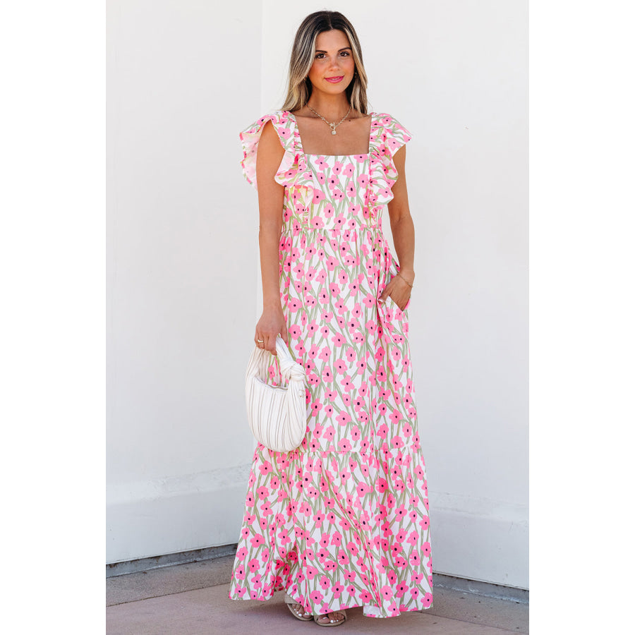 Pink Floral Print Square Neck Ruffled Strap Maxi Dress Pink / S / 100% Polyester Dresses/Floral Dresses