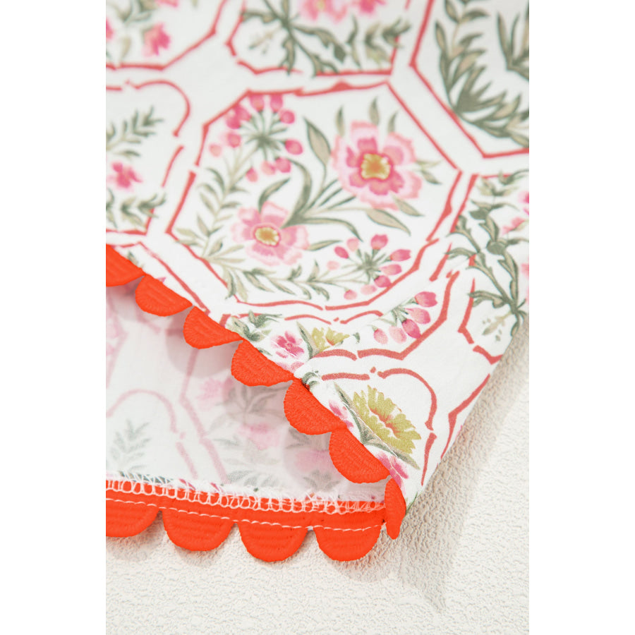 Pink Floral Print Tassel Tie V Neck Scalloped Detail Loose Mini Dress Dresses/Floral Dresses