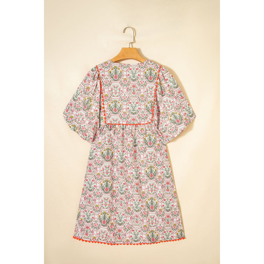 Pink Floral Print Tassel Tie V Neck Scalloped Detail Loose Mini Dress Dresses/Floral Dresses