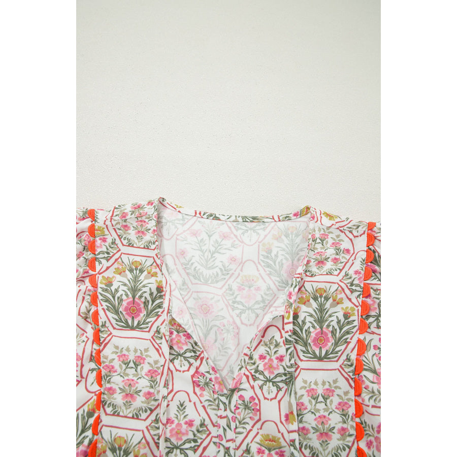 Pink Floral Print Tassel Tie V Neck Scalloped Detail Loose Mini Dress Dresses/Floral Dresses