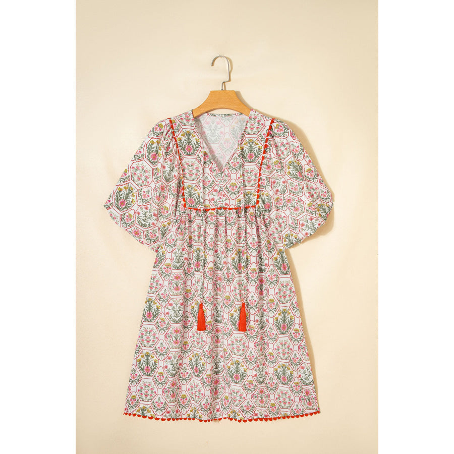 Pink Floral Print Tassel Tie V Neck Scalloped Detail Loose Mini Dress Dresses/Floral Dresses
