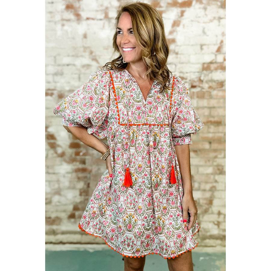 Pink Floral Print Tassel Tie V Neck Scalloped Detail Loose Mini Dress Dresses/Floral Dresses