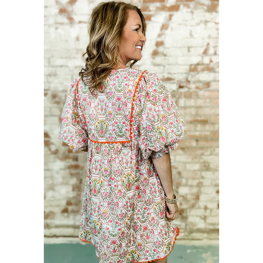 Pink Floral Print Tassel Tie V Neck Scalloped Detail Loose Mini Dress Dresses/Floral Dresses