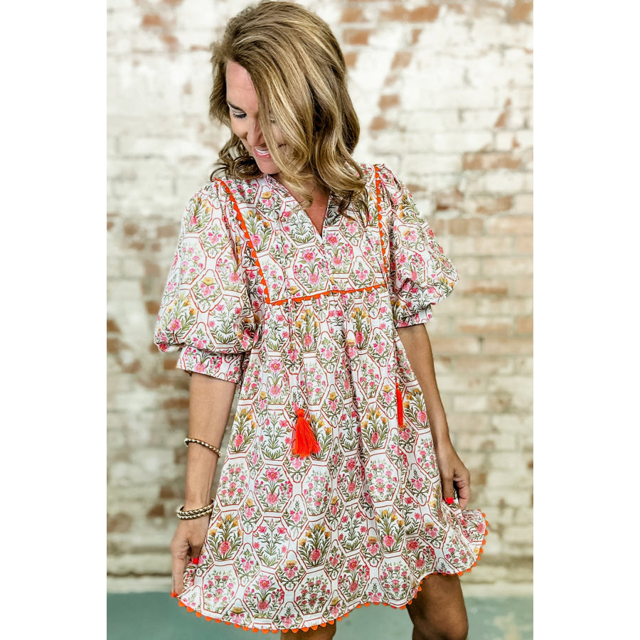 Pink Floral Print Tassel Tie V Neck Scalloped Detail Loose Mini Dress Dresses/Floral Dresses