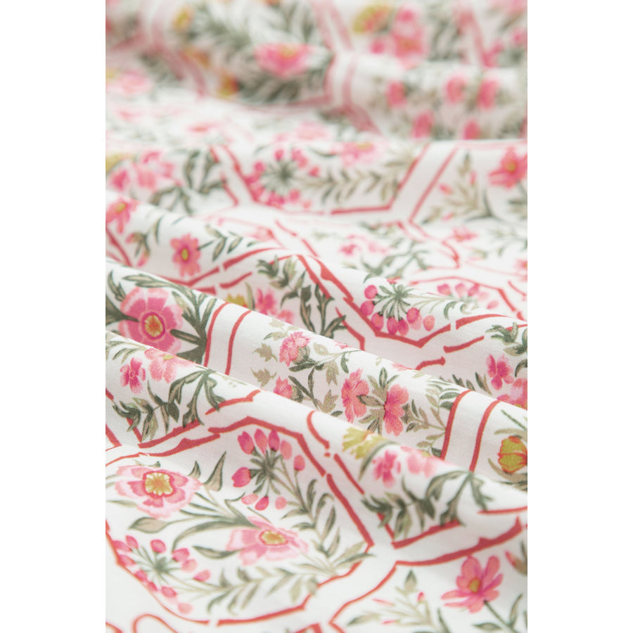 Pink Floral Print Tassel Tie V Neck Scalloped Detail Loose Mini Dress Dresses/Floral Dresses