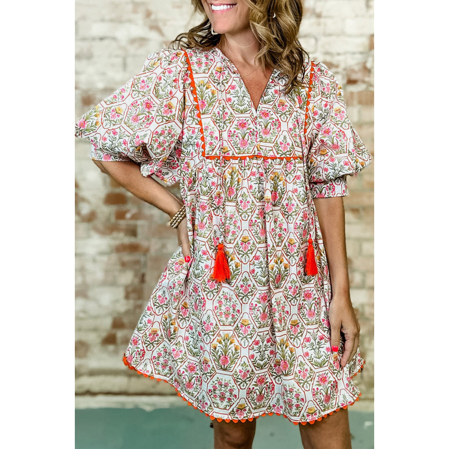 Pink Floral Print Tassel Tie V Neck Scalloped Detail Loose Mini Dress Pink / S / 55% Cotton + 45% Viscose Dresses/Floral Dresses