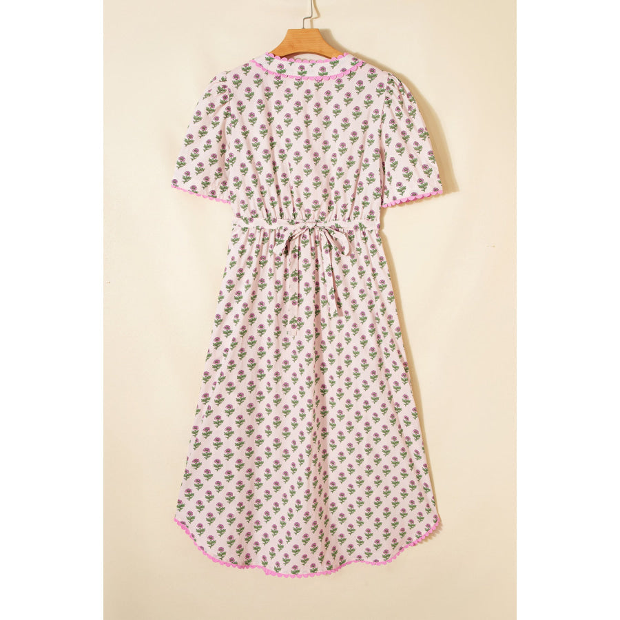 Pink Floral Print V Neck Scallop Trim Button Front Short Sleeve Long Dress Dresses/Floral Dresses