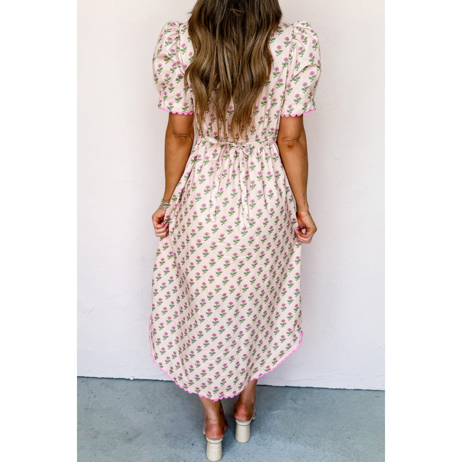 Pink Floral Print V Neck Scallop Trim Button Front Short Sleeve Long Dress Dresses/Floral Dresses