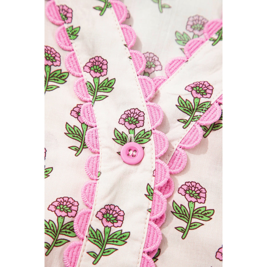 Pink Floral Print V Neck Scallop Trim Button Front Short Sleeve Long Dress Dresses/Floral Dresses