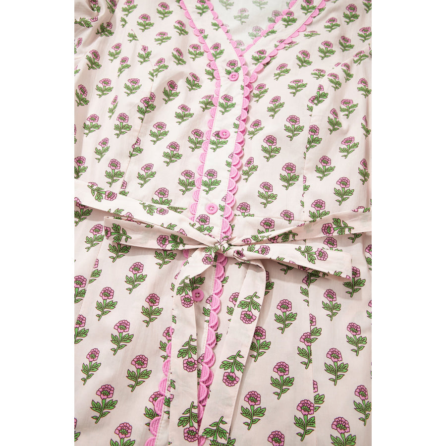 Pink Floral Print V Neck Scallop Trim Button Front Short Sleeve Long Dress Dresses/Floral Dresses