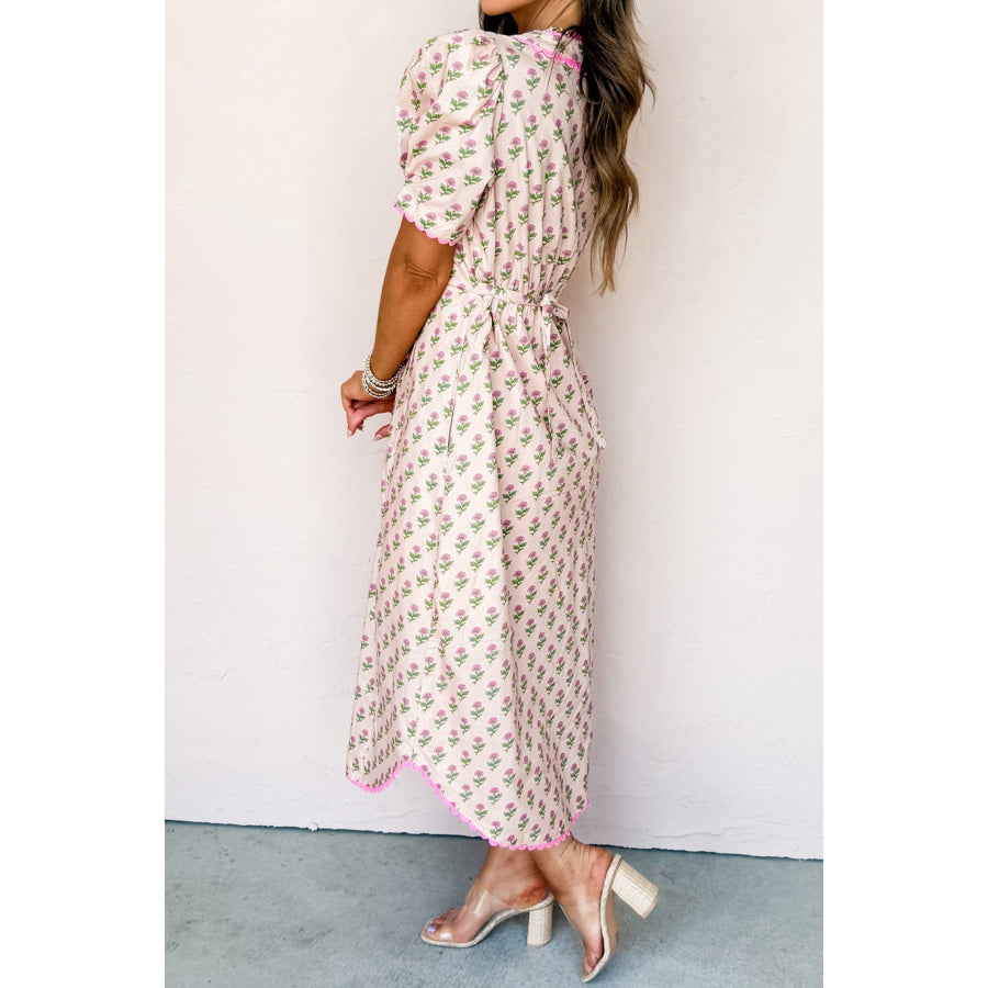 Pink Floral Print V Neck Scallop Trim Button Front Short Sleeve Long Dress Dresses/Floral Dresses