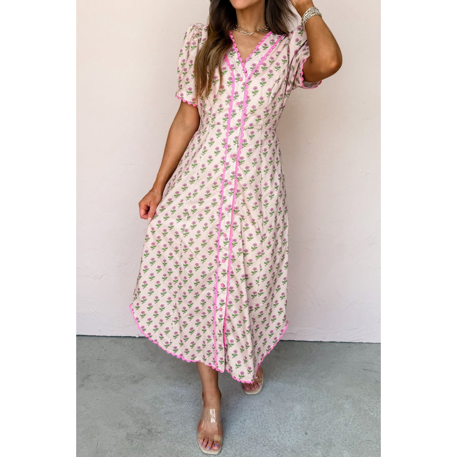 Pink Floral Print V Neck Scallop Trim Button Front Short Sleeve Long Dress Dresses/Floral Dresses