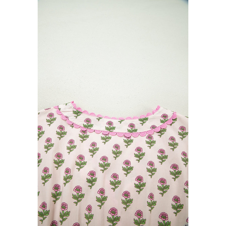 Pink Floral Print V Neck Scallop Trim Button Front Short Sleeve Long Dress Dresses/Floral Dresses