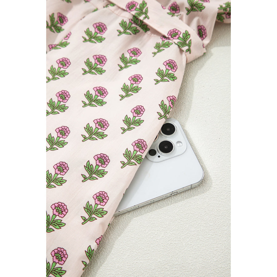 Pink Floral Print V Neck Scallop Trim Button Front Short Sleeve Long Dress Dresses/Floral Dresses