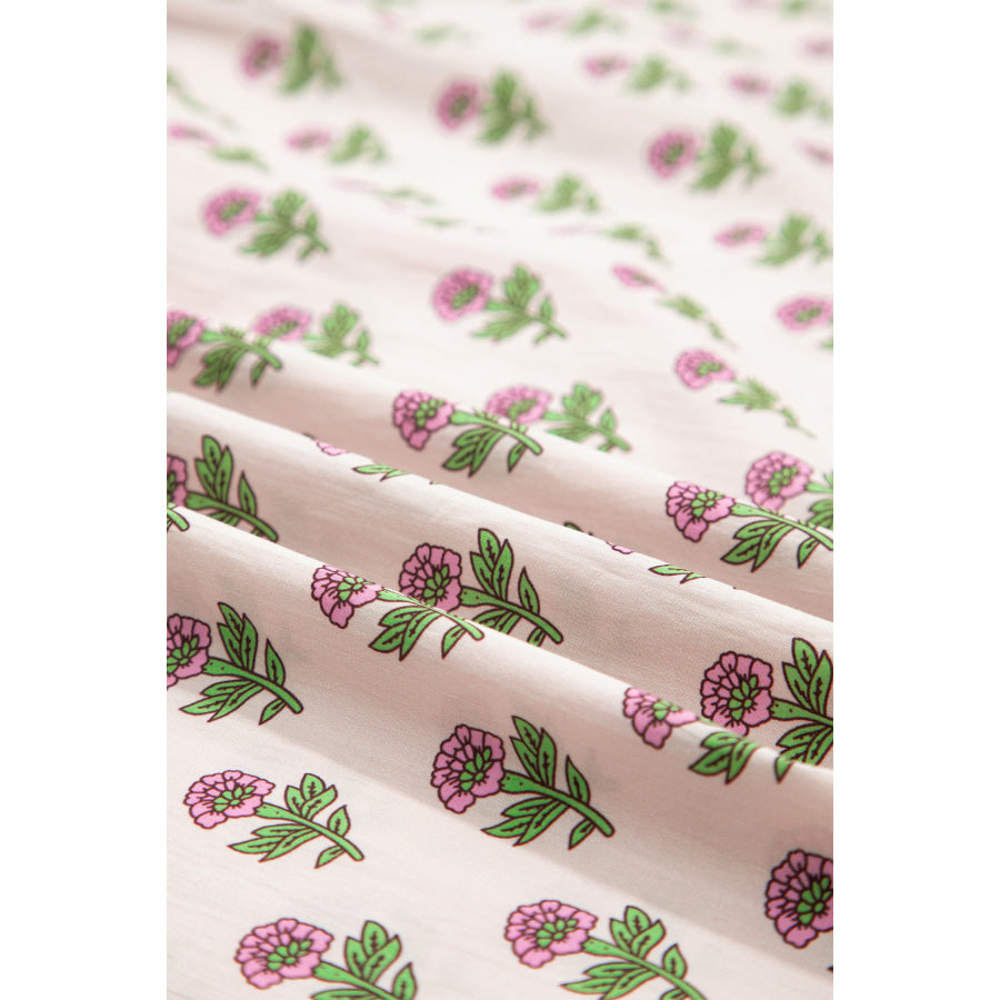 Pink Floral Print V Neck Scallop Trim Button Front Short Sleeve Long Dress Dresses/Floral Dresses