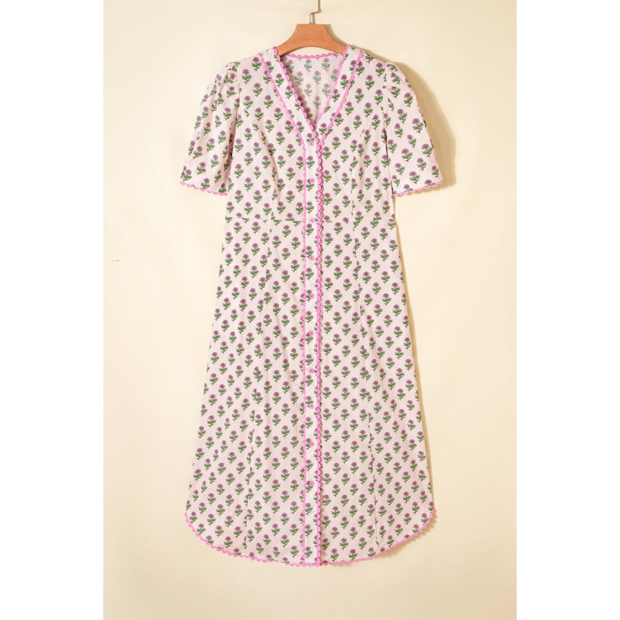 Pink Floral Print V Neck Scallop Trim Button Front Short Sleeve Long Dress Dresses/Floral Dresses