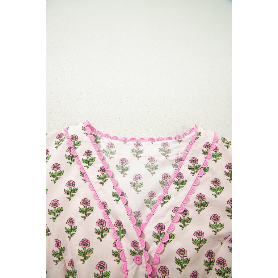 Pink Floral Print V Neck Scallop Trim Button Front Short Sleeve Long Dress Dresses/Floral Dresses