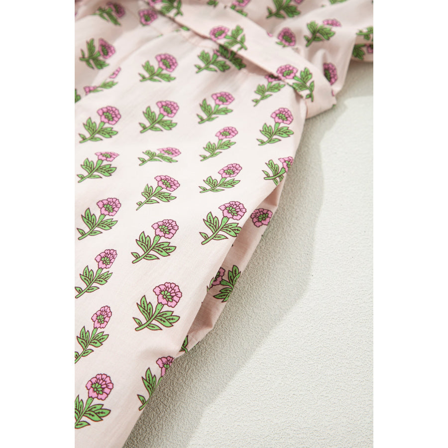Pink Floral Print V Neck Scallop Trim Button Front Short Sleeve Long Dress Dresses/Floral Dresses