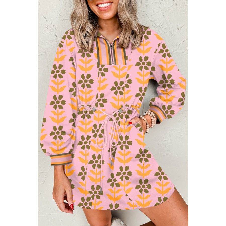 Pink Floral Print Zip Neck Striped Patchwork Long Sleeve Drawstring Dress Pink / S / 95% Polyester + 5% Elastane Dresses/Floral Dresses