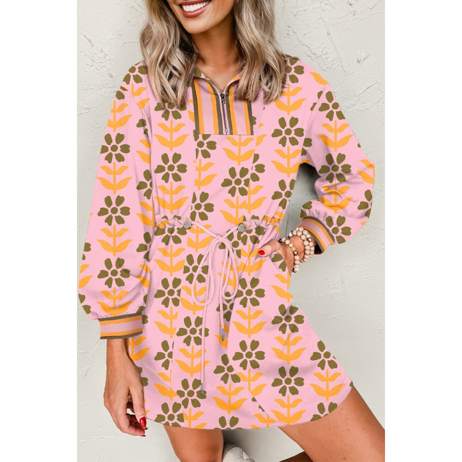 Pink Floral Print Zip Neck Striped Patchwork Long Sleeve Drawstring Dress Pink / S / 95% Polyester + 5% Elastane Dresses/Floral Dresses