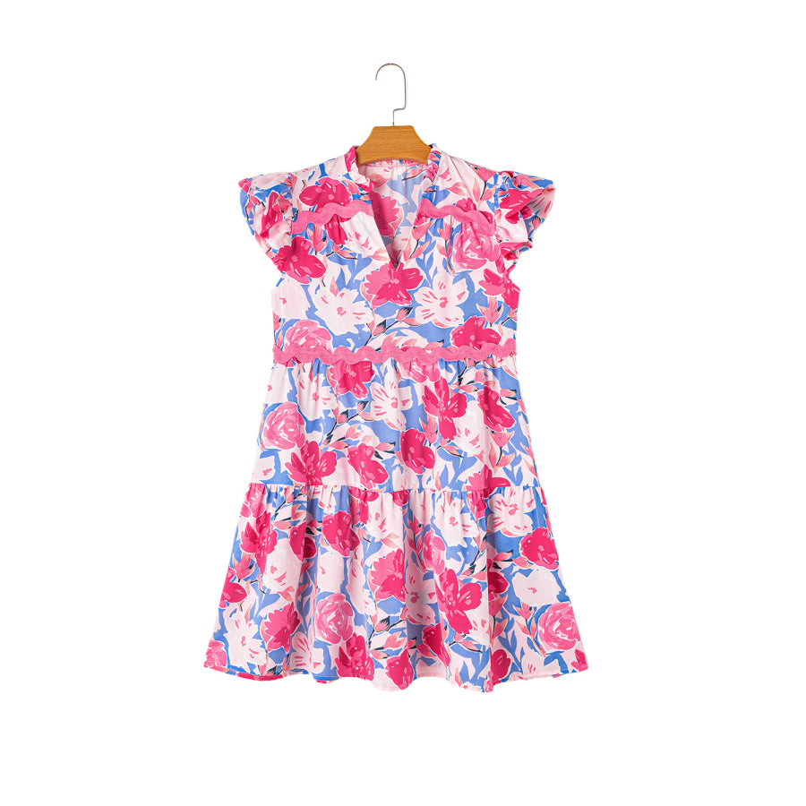 Pink Floral Printed V Notched Ric Rac Flutter Sleeve Dress Dresses/Floral Dresses