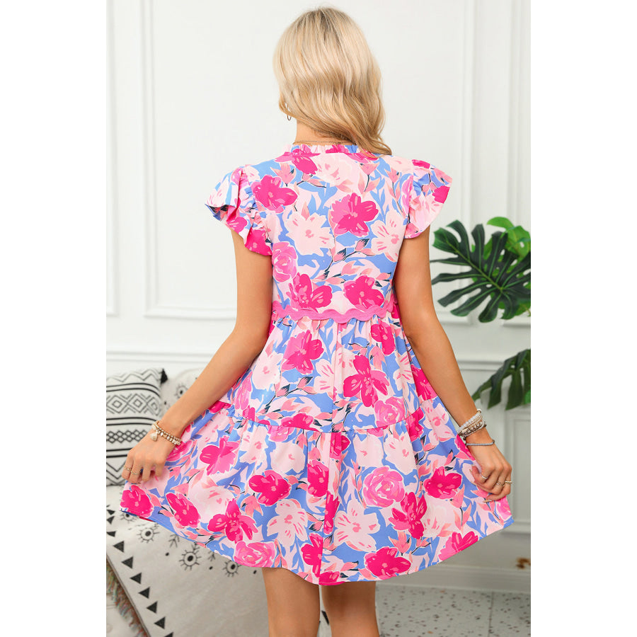 Pink Floral Printed V Notched Ric Rac Flutter Sleeve Dress Dresses/Floral Dresses