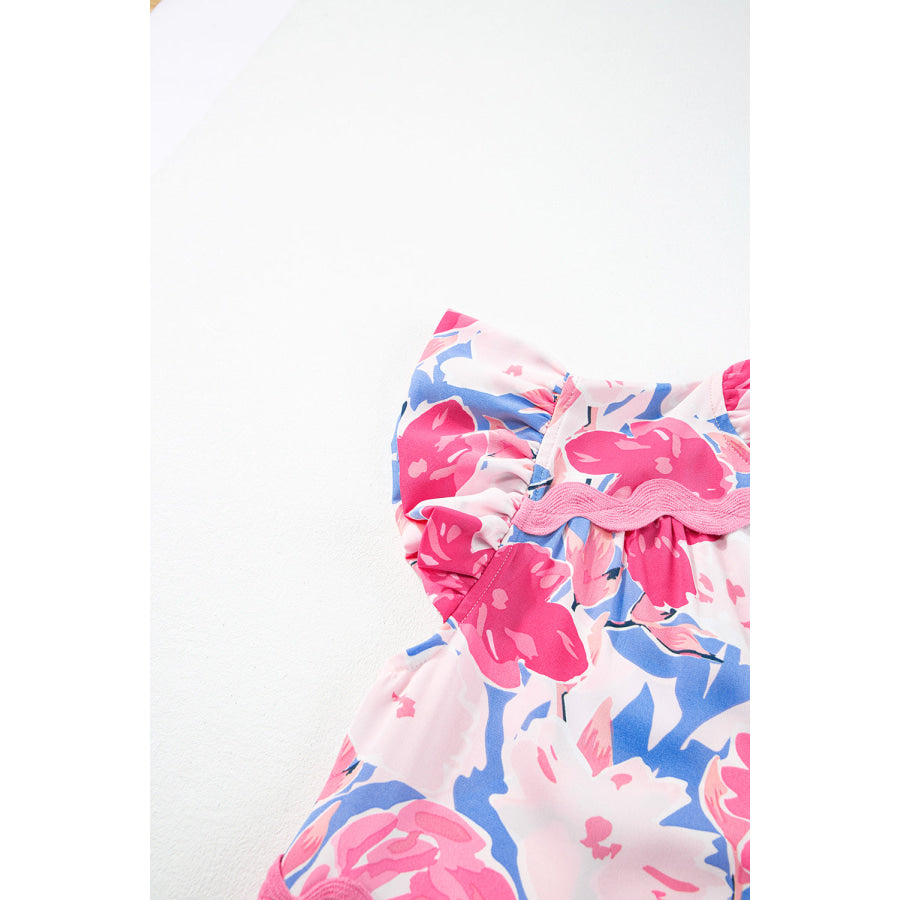 Pink Floral Printed V Notched Ric Rac Flutter Sleeve Dress Dresses/Floral Dresses