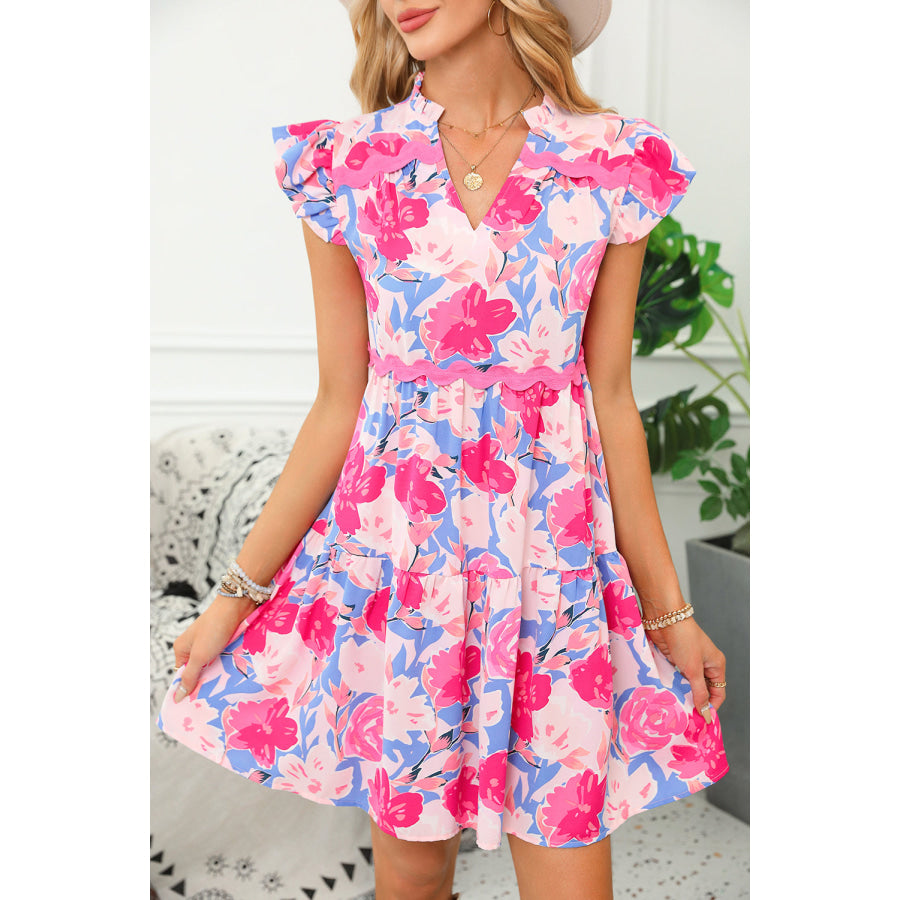 Pink Floral Printed V Notched Ric Rac Flutter Sleeve Dress Dresses/Floral Dresses